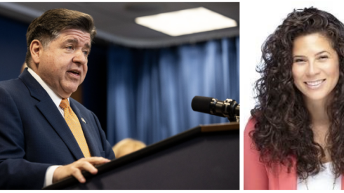 Gov. JB Pritkzer, at left, and former aide Lisa Duarte, now a lobbyist.