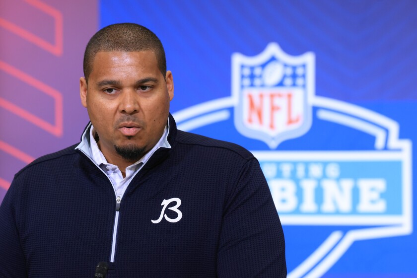 Bears general manager Ryan Poles speaks to the media during the 2026 NFL Scouting Combine at Lucas Oil Stadium on Feb. 24, 2026, in Indianapolis, Indiana.