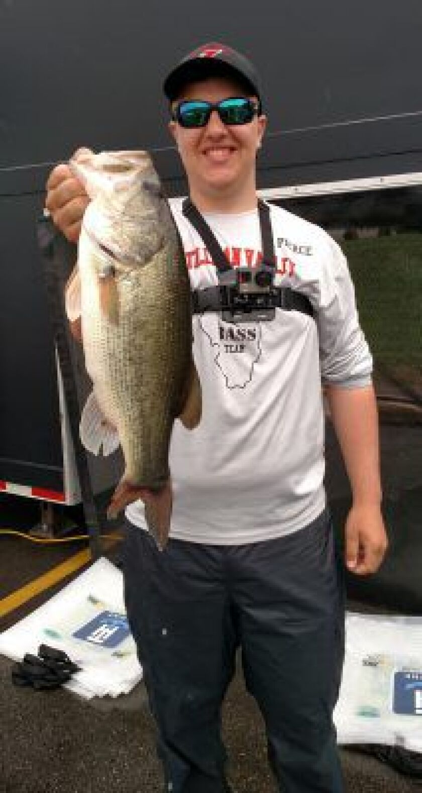 Stillman Valley senior Pierce Knarr caught the big bass (4-15) Friday on Day 1 of the IHSA’s 10th state championship for bass fishing on Carlyle Lake.<br>Dale Bowman/Sunn-Times
