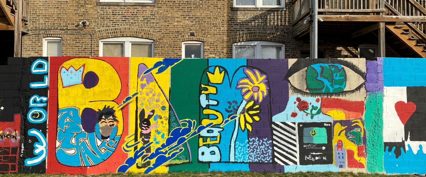The letters “BLM” — for Black Lives Matter — are at the center of a mural near Division Street and Springfield Avenue.