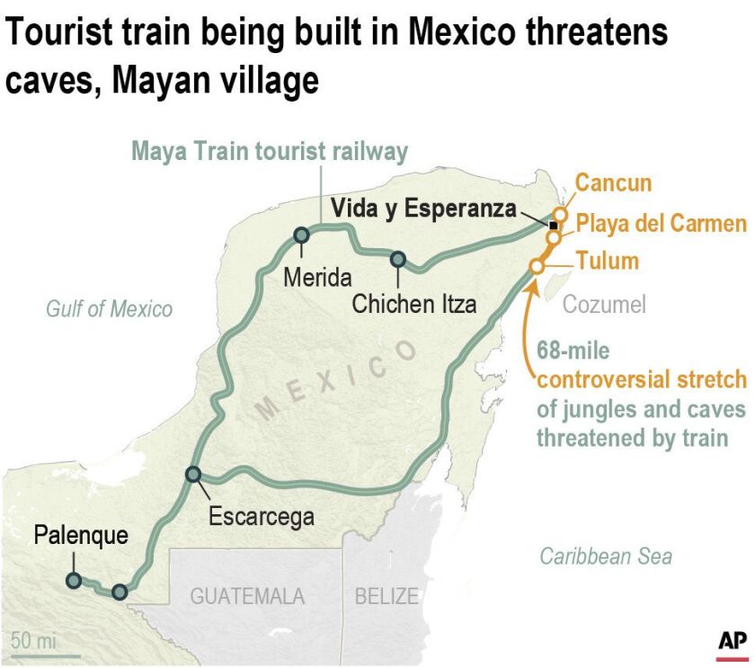 This map of Mexico's ambitious Maya Train project along the country's Caribbean coast shows the route of the train and highlights a controversial stretch through the jungle and above a network of caves.