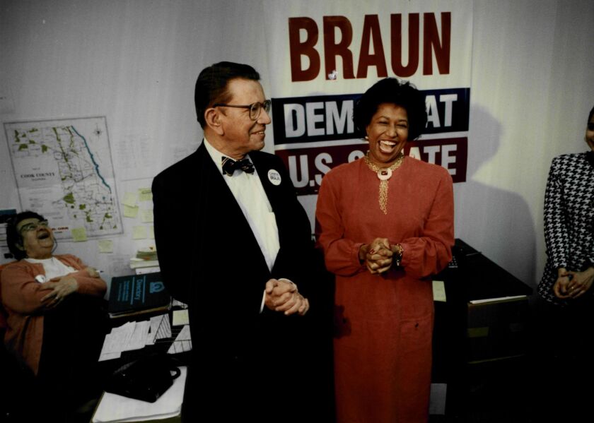 Carol Moseley Braun and Sen. Paul Simon at Moseley Braun’s campaign headquarters in 1992.