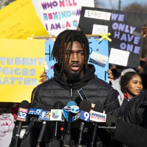 Romelle Howard, a senior at Lincoln Park High School and captain of the varsity boys’ basketball team, speaks to reporters as hundreds of students stage a protest walkout, Monday morning, Feb. 3, 2020. Chicago Public Schools suspended the team for the rest of the season, re-assigned the boys basketball coach Donovan Robinson and fired the interim principal John Thuet and assistant principal Michelle Brumfield due to misconduct allegations.