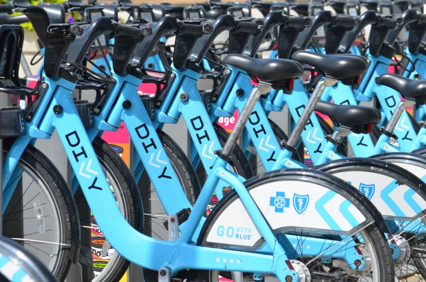 Divvy bikes at a docking station.