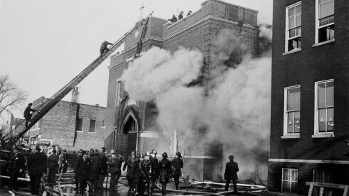 Crews fight the Our Lady of the Angels School fire on Dec. 1, 1958.