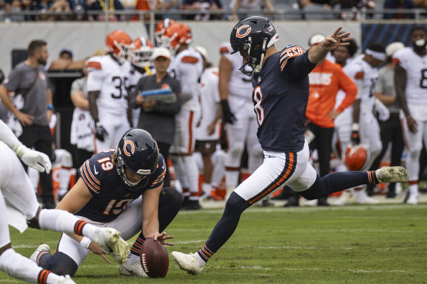 Chicago Bears kicker Cairo Santos #8 kicks an extra point during the second quarter against the Cleveland Browns in an NFL preseason game at Soldier Field, Saturday, Aug. 15, 2026. | Ashlee Rezin/Sun-Times