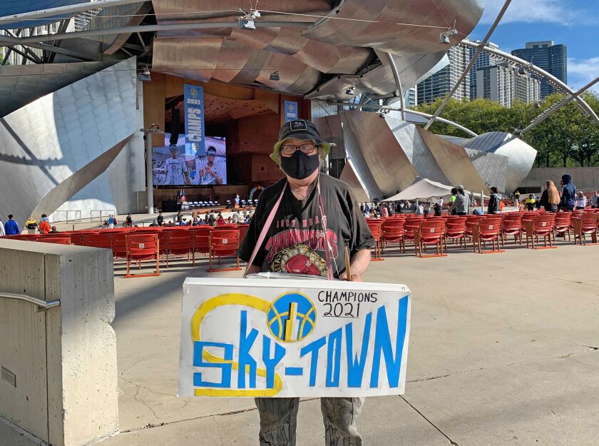 Ken Justus was among the Chicago Sky fans showing up early on Tuesday, Oct. 19, 2021 for the rally at Pritzker Pavilion in Millennium Park celebrating the team’s WNBA title.