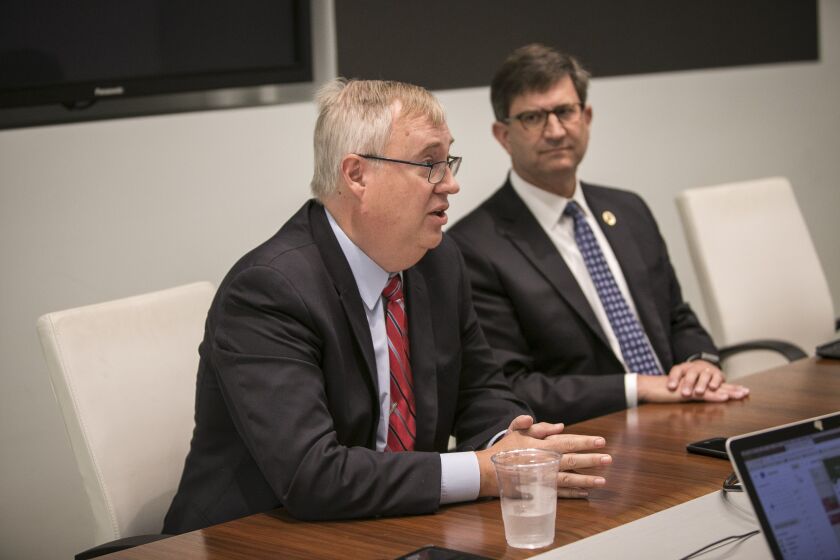 Douglas R. Bennett (R) left, and incumbent Brad Schneider, nominees for U.S. Congress in the 10th District, in a Sept. 17 meeting with the Sun-Times Editorial Board. | Rich Hein/Sun-Times
