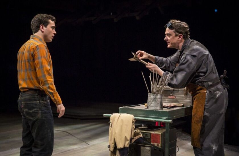 Nate Lewellyn (left) and Derek Hasenstab in the new musical “October Sky” at the Maririott Theatre. (Photo: Liz Lauren)