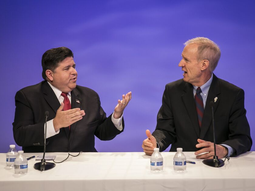 Gov. Bruce Rauner and Democrat J.B. Pritzker argued often during the hour-long forum with the Sun-Times Editorial Board | Rich Hein/Sun-Times