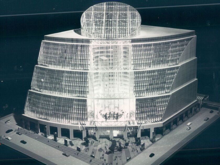 A model of the proposed State of Illinois Center, unveiled in 1980 by Gov. Thompson. Thompson then called it the first office building of the year 2000. File Photo.