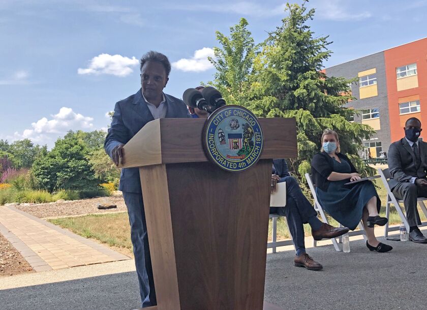 Mayor Lori Lightfoot speaking at a news conference Thursday, Aug. 5, 2021 in North Lawndale.
