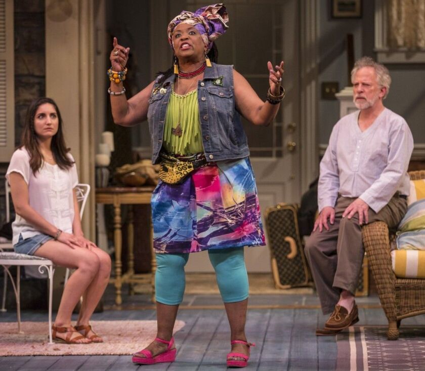 Jordan Brown (from left), E. Faye Butler and Ross Lehman in “Vanya and Sonia and Masha and Spike” at the Goodman Theatre. (Photo: Liz Lauren)