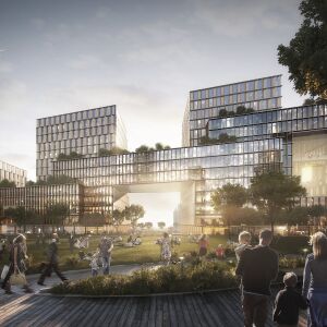 Artist’s rendering of a conceptual commercial building on the proposed Crescent Park. | Provided by Related Midwest.