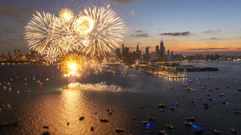 Fireworks explode near Navy Pier during the biweekly summertime fireworks show on July 1, 2026.