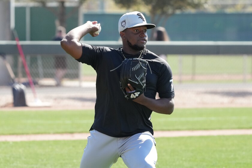 Prelander Berroa during pitchers' defensive drills at White Sox spring training in Glendale, Arizona, in 2024.