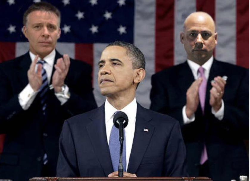 A photoshopped image of former President Barack Obama with Gregory Bovino's face (left) superimposed over that of the speaker of the House and Border Patrol agent Christopher Bullock's face over that of the vice president.