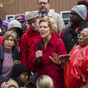 Presidential candidate U.S. Sen. Elizabeth Warren (D-MA) joins striking Chicago Teachers Union and SEIU Local 73 members for a speech on the picket line outside Oscar DePriest Elementary School on the West Side, Tuesday morning, Oct. 22, 2019.