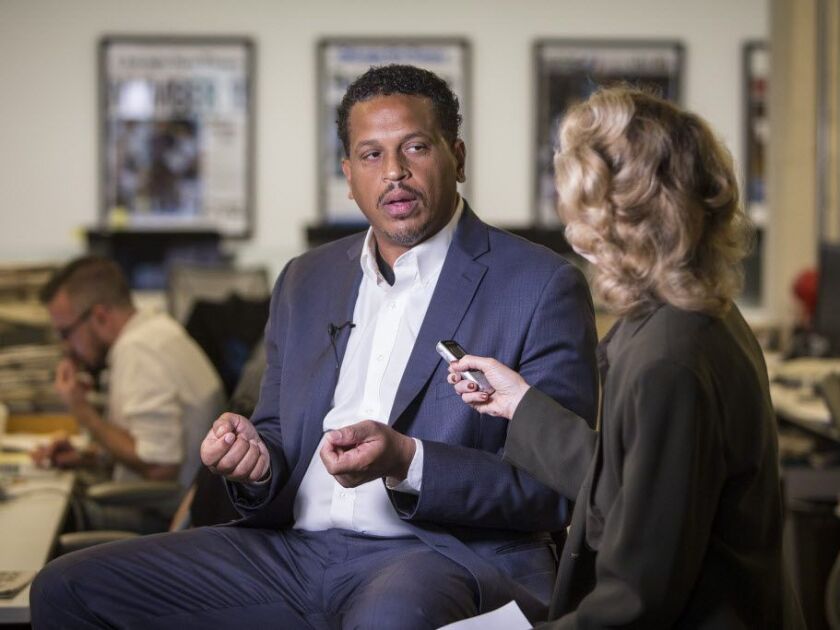 Mayoral candidate Troy LaRaviere is interviewed by Sun-Times reporter Fran Spielman in the newsroom Friday, Sept. 28, 2018. | Rich Hein/Sun-Times