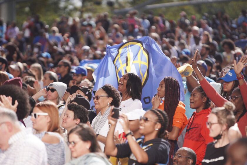 Sky fans react during the team’s rally at Millennium Park on Tuesday. 