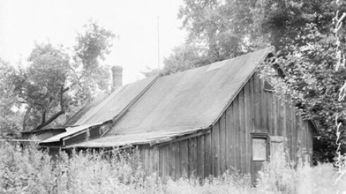 A wooden house surrounded by foliage at the Indiana Dunes in 1929.