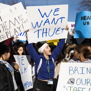 Students stage a protest walkout after Chicago Public Schools fired the interim principal John Thuet and assistant principal Michelle Brumfield, and re-assigned the boys basketball coach Donovan Robinson, due to misconduct allegations at Lincoln Park High School, Monday morning, Feb. 3, 2020. CPS also suspended the varsity boys’ basketball team for the rest of the season.