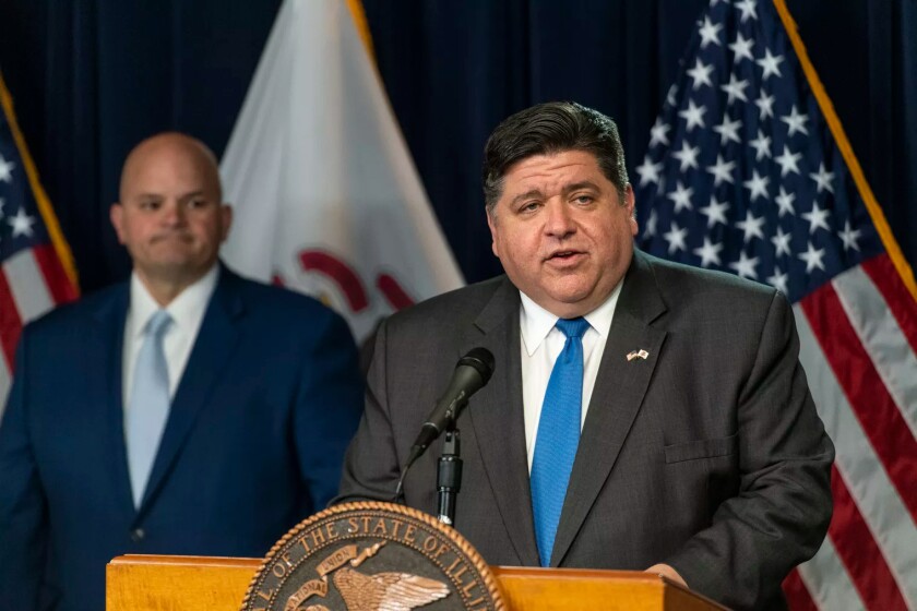 Gov. J.B. Pritzker speaks at a March 23 news conference. 