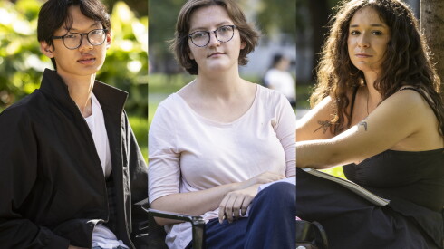 University of Chicago students (from left) Andrew Zheng, 19, a sophomore studying Business Economics and History; Zuzanna Wolodko, 29, a fourth-year PHD student in English; and Lola Flores, 21, a recent graduate now pursuing a master's degree in Classics, all photographed Oct. 12, 2026 at the University of Chicago.