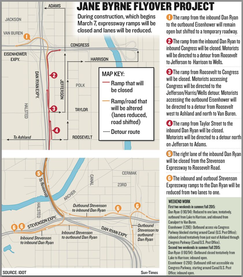 <small><strong>Motorists who can’t avoid the Jane Byrne Interchange will have to deal with some major delays while the junction is rebuilt. | Sun-Times Graphic/Max Rust</strong></small>