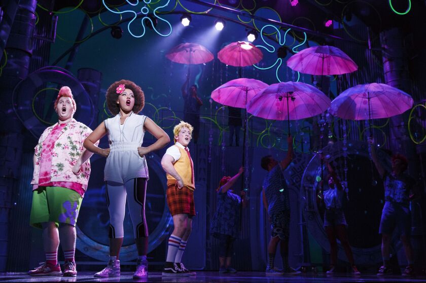Danny Skinner (from left) plays Patrick, with Lilli Cooper as Sandy Cheeks and Ethan Slater as SpongeBob in the world premiere of “The SpongeBob Musical.” (Photo: Joan Marcus)