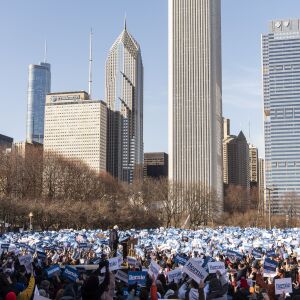 Presidential candidate Bernie Sanders speaks to thousands gathered at his rally in Grant Park, Saturday, March 7, 2020.
