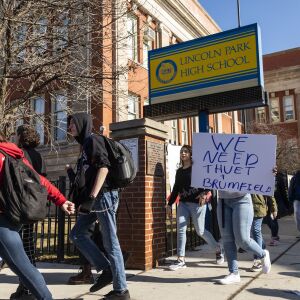 Students stage a protest walkout after Chicago Public Schools fired the interim principal John Thuet and assistant principal Michelle Brumfield, and re-assigned the boys basketball coach Donovan Robinson, due to misconduct allegations at Lincoln Park High School, Monday morning, Feb. 3, 2020. CPS also suspended the varsity boys’ basketball team for the rest of the season.