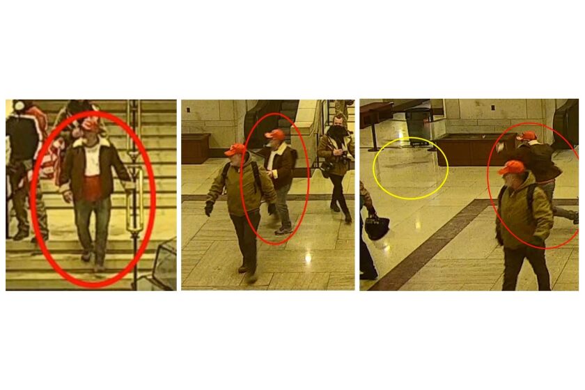 Federal prosecutors say these images depict Bradley Rukstales of Inverness throwing a chair toward police officers during the Jan. 6 U.S. Capitol breach.