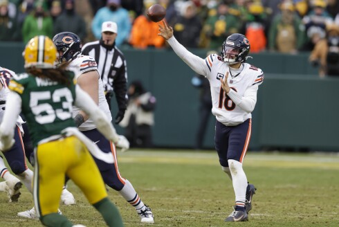 Bears quarterback Caleb Williams passes during a game against the Green Bay Packers on Sunday, Jan. 5, 2025, in Green Bay, Wisconsin.