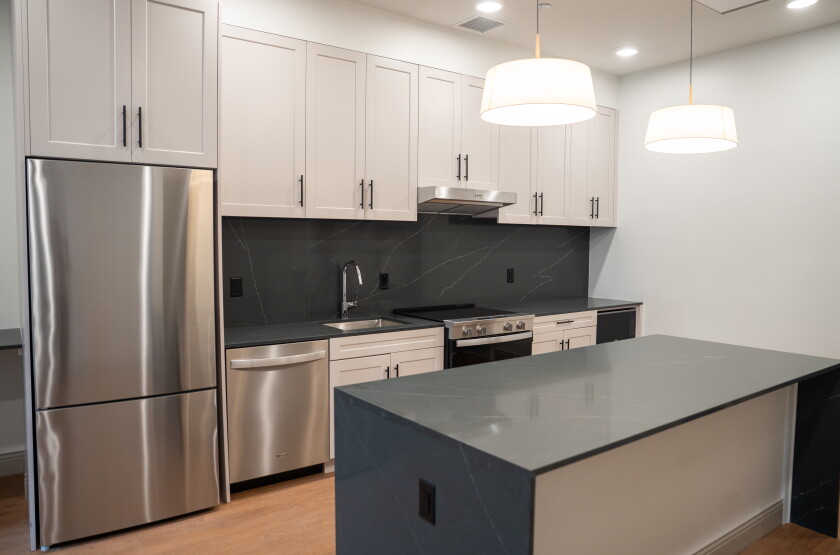 The kitchen inside a one-bedroom unit at the Bellwether Residences in the Loop.