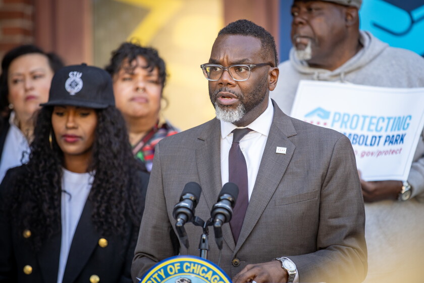 Mayor Brandon Johnson speaks during a press conference at Funston Elementary School, 2010 N. Central Park Ave., on Thursday, Oct. 9, 2025. | Zubaer Khan/Sun-Times
