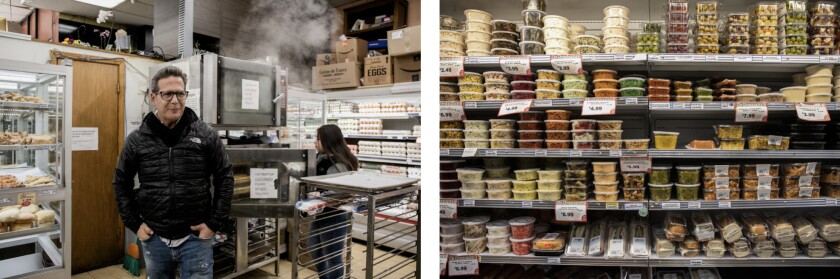 Shaul Basa, owner of Devon Market in Rogers Park, stands near the baked-goods section of the grocery store he opened 22 years ago. The store has a diverse staff and inventory, including (at right) Korean-style noodles, halal chopped beef liver, hummus, fresh dolma and Mexican rice.