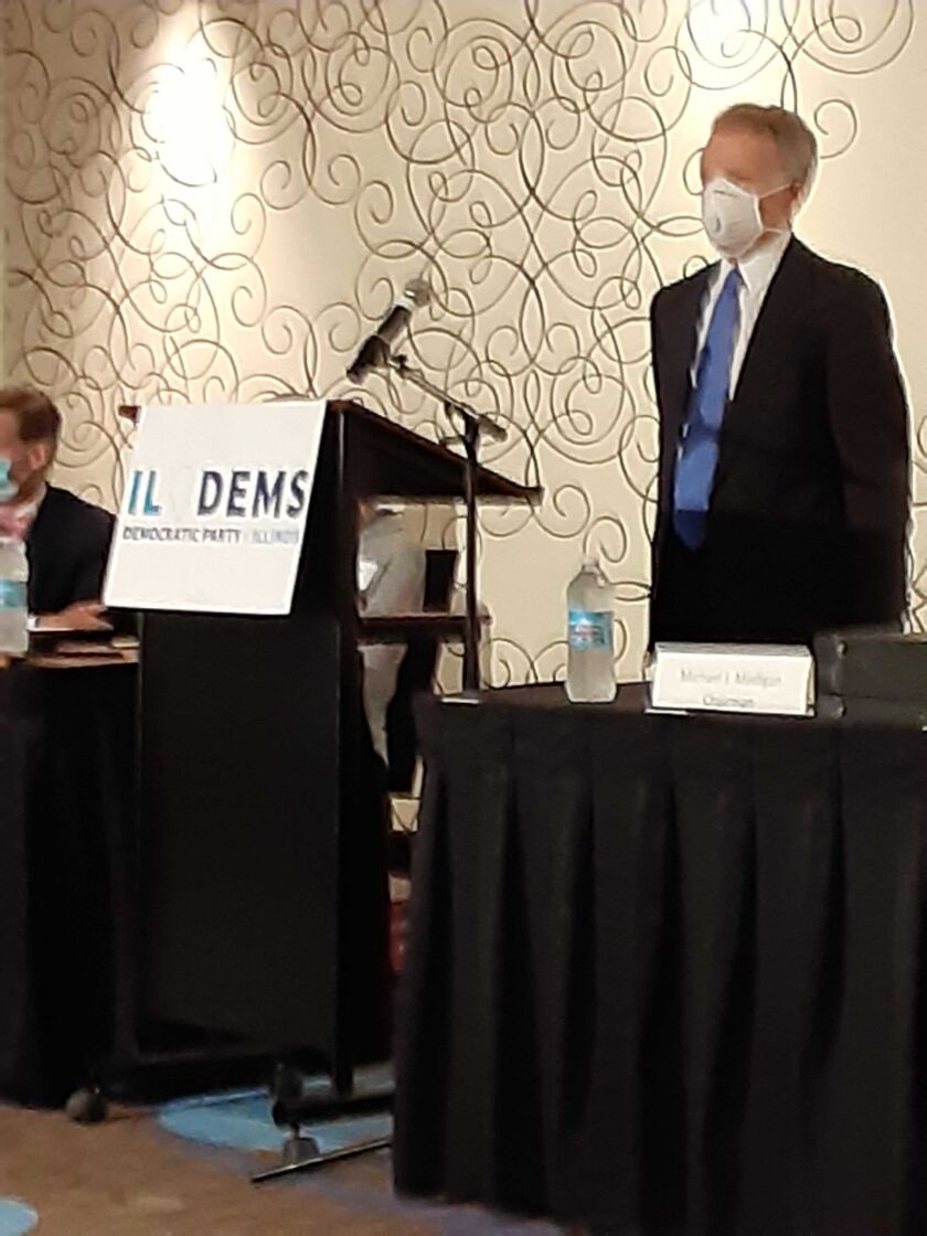 House Speaker Mike Madigan leads an Illinois Democratic Party meeting at the Wyndham Springfield City Centre hotel on Wednesday.