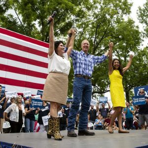 Gov. Bruce Rauner wraps up the Governor’s Day program with Lt. Gov. Evelyn Sanguinetti, left, and candidate for attorney general, Erika Harold, Wednesday, Aug. 15, 2018 at the Illinois State Fair in Springfield, Ill. (Rich Saal/The State Journal-Reg