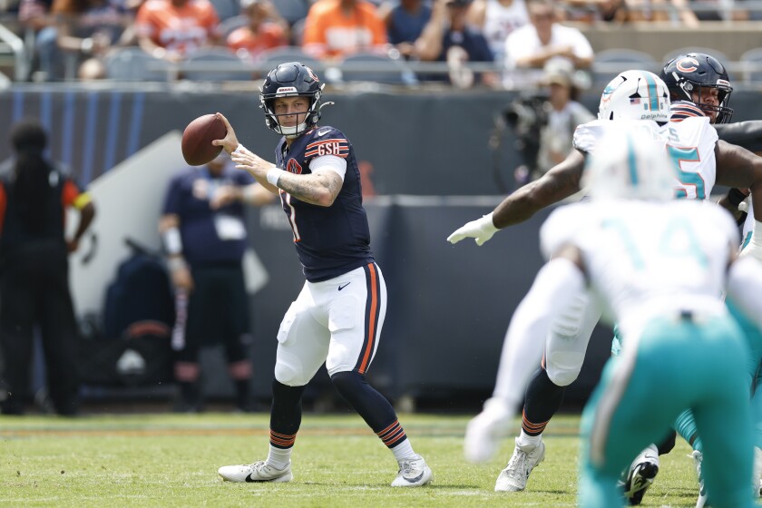 Bears quarterback Tyson Bagent (17) looks to pass the ball against the Miami Dolphins during the first half of a preseason game, Sunday, Aug. 10, 2025, at Soldier Field.