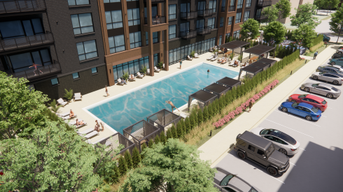 Rendering of an outdoor pool located between townhomes and a parking lot.