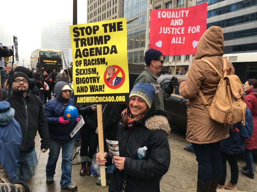 Jessica Funk, 34, at an anti-Trump protest downtown Sunday. | Mitch Dudek/Sun-Times