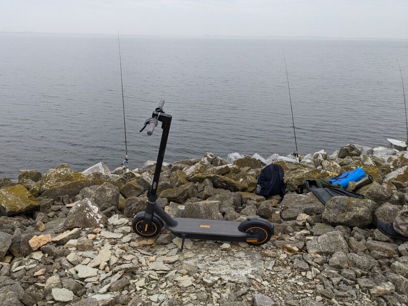 Tom Le’s Ninebot electric scooter in the southeast corner of LaSalle Lake on opening day Tuesday. Credit: Dale Bowman