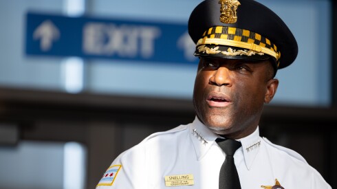 Chicago Police Supt. Larry Snelling speaks as family and supporters of Chicago Police Officer Andres Vasquez Lasso at a press conference after hearing the verdict in the trial of Steven Montano at the George N. Leighton Criminal Courthouse at 2650 S. California in Little Village, Monday, July 21, 2025. Steven Montano was convicted of murdering Chicago Police Officer Andres Vasquez-Lasso in March 2023. | Candace Dane Chambers/Sun-Times