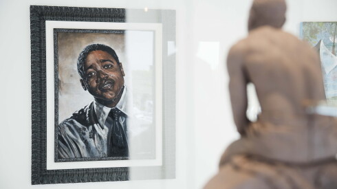 “Every Time We Rise,” a painting and a sculpture by Gerald Griffin, are part of “From Memory to Movement: Emmett Till at 85” at Blanc Gallery in Bronzeville, Saturday, June 6, 2026.