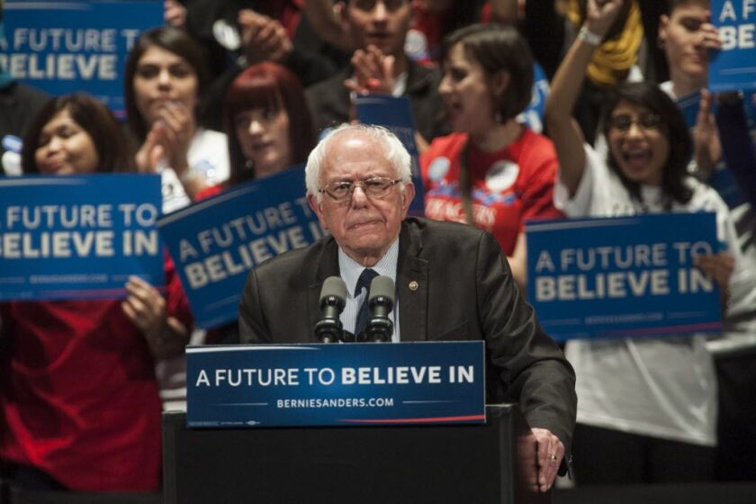 U.S. Sen. Bernie Sanders speaks to the crowd at the Auditorium Theatre of Roosevelt University on Monday night. | Ashlee Rezin/Sun-Times