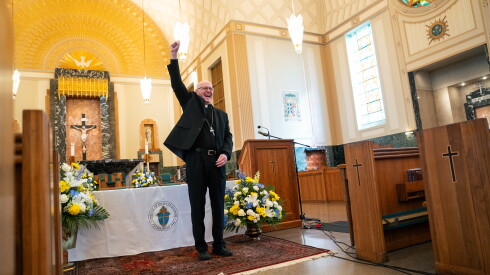 Joliet Bishop Brendan J. Cahill, who was appointed by Pope Leo XIV, reacts to a joke made by a camera man during a news conference at the Cathedral of St. Raymond Nonnatus.