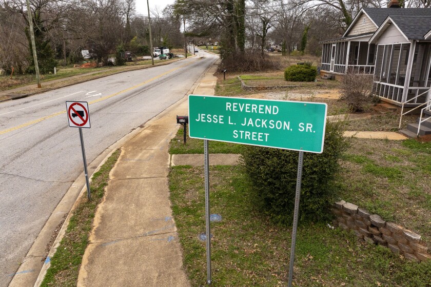 A sign showing a street named in honor of the Rev. Jesse Jackson in his hometown of Greenville, SC on Monday, March 2.