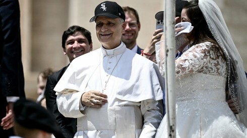 Pope Leo XIV wears a White Sox cap as he meets newly wedded couples during the weekly general audience in St. Peter’s Square at the Vatican on June 11, 2025.