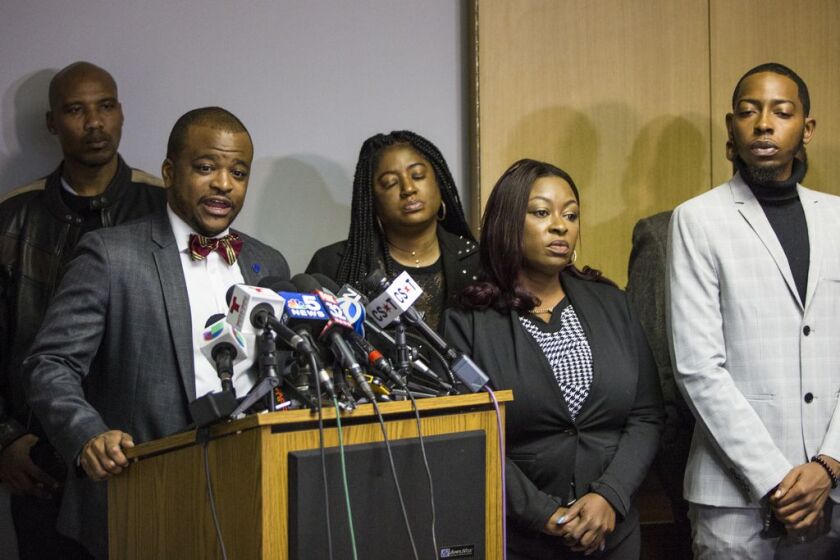 Attorney Shay Allen discusses the lawsuit against the gubernatorial campaign for Democrat J.B. Pritzker during a press conference, Monday morning, Oct. 22, 2018. | Ashlee Rezin/Sun-Times